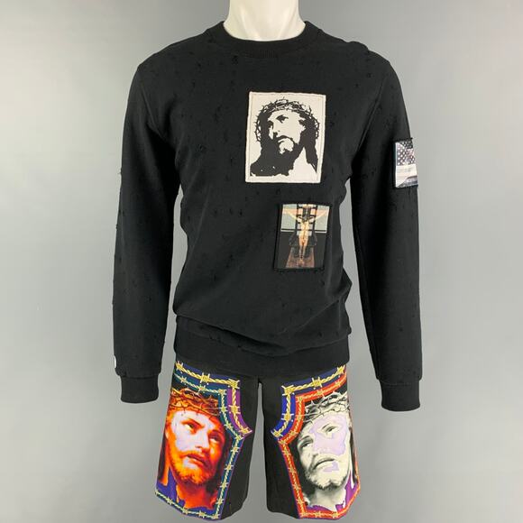 Size S/M Black Jesus Patchwork Cotton Oversized Sweatshirt Short Set - Picture 1 of 11
